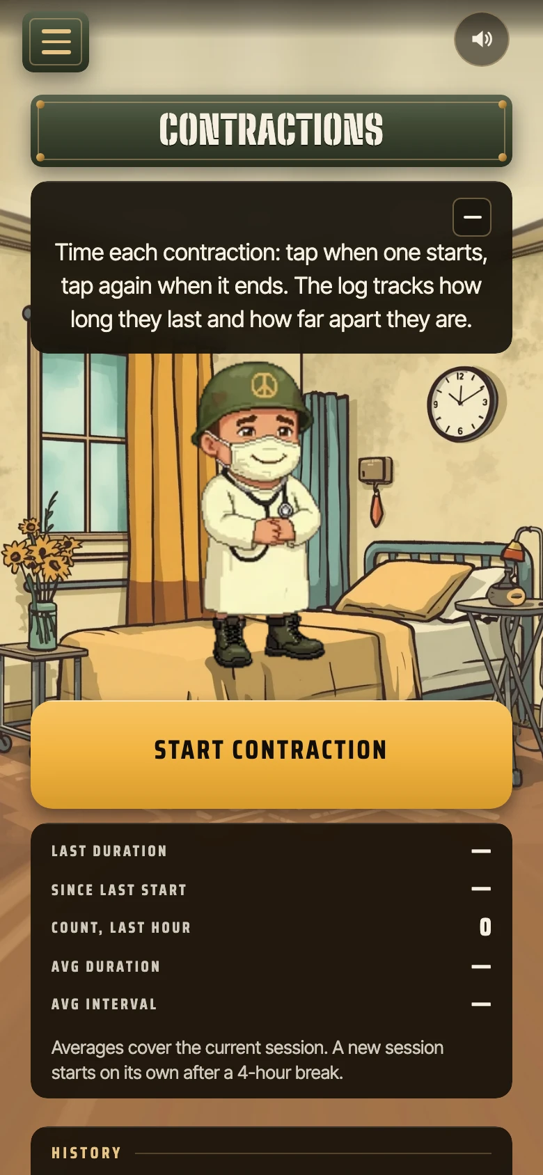The contraction timer: one large start button above a live log