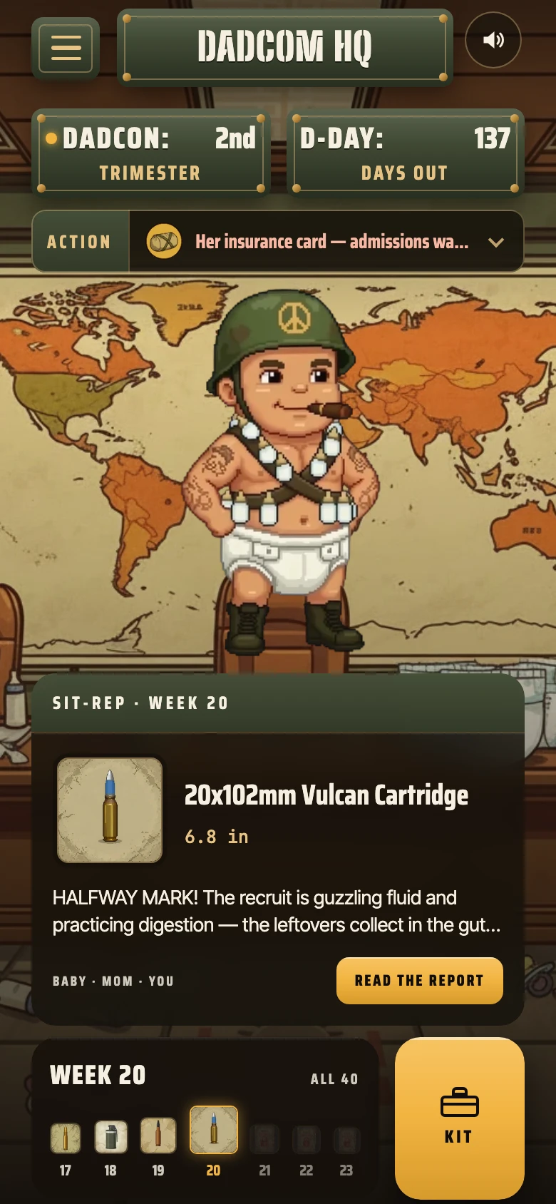 The Bullet Baby home screen: the trimester gauge, the countdown, and this week's report